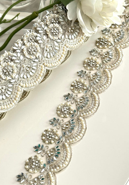 Light gold pearl bridal lace Zircon Embellished wedding gown lace veil Trim