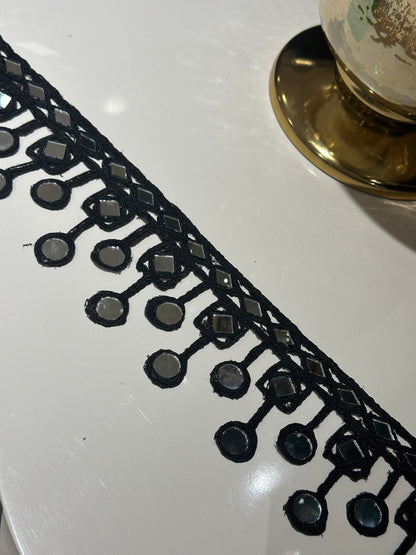 Black Indian Mirror Trim Handmade Suspended Mirror Belts for Kaftans Costume Dresses