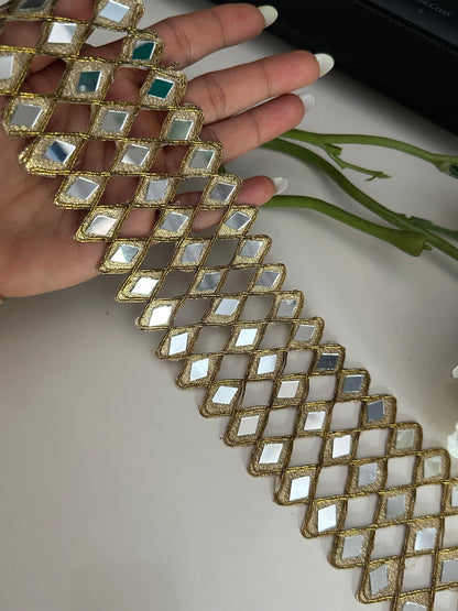 Mirror Indian Hand Crafted Border Gold  Zari Mirror Belt 6cm Wide For Dresses Weddng Wear