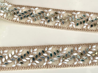 Mirror Pearl Symmetric Vine Trim Pale Gold Indian Embroidered saree Trim