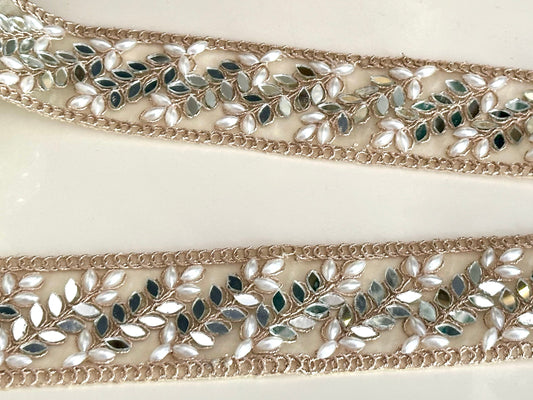 Mirror Pearl Symmetric Vine Trim Pale Gold Indian Embroidered saree Trim