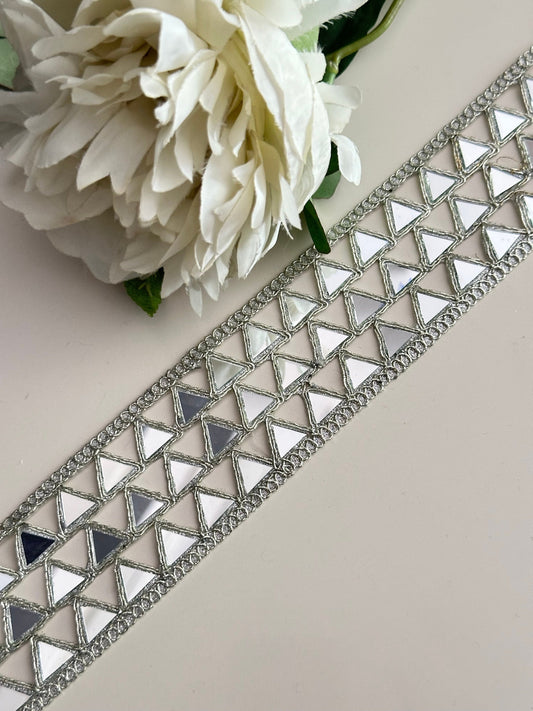 Sparkly Silver Mirror Cutwork Belt trim Embroidered Symmetric saree trim