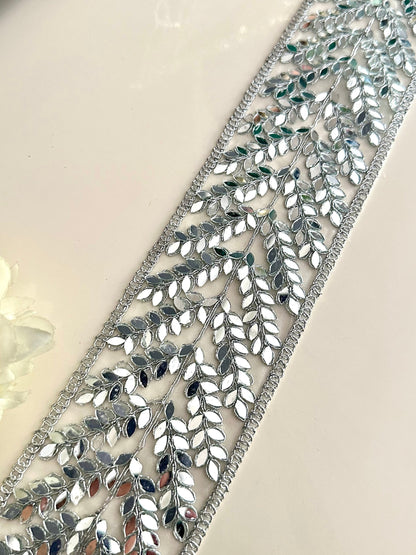 Silver Mirror Trim Bridal Belt Indian Laces Borders Sewing Crafting Saree Costume Mirror