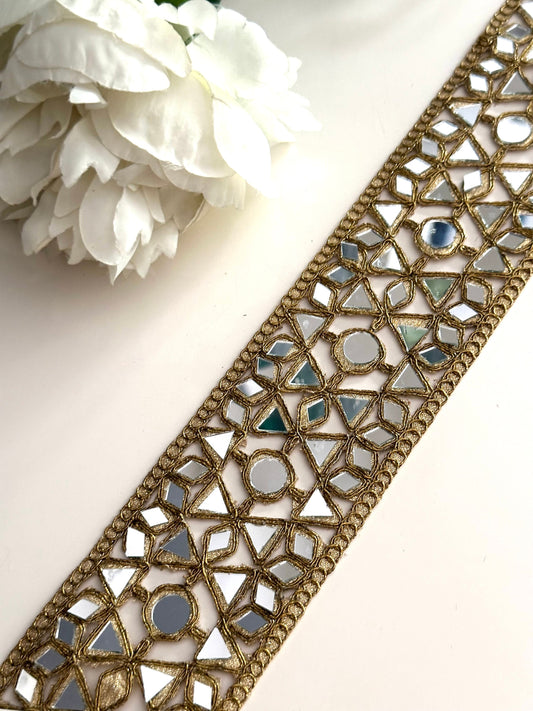 Broad Mirror Indian Embroidered Lace 6cm Antique Gold Mirror Cutwork Glamorous Sari
