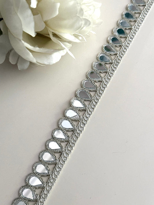 TearDrop Real Mirror Trim Lace Silver Indian Embroidered Wedding Sash Supply