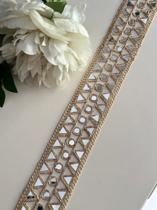 Gold Hand Crafted Broad Indian Mirror Work Border For Mirror Belts Kaftans Sari Suit