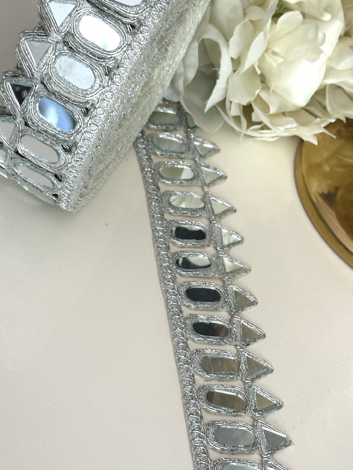 Mirror saree Trim 3.5cm Silver Border Dupatta Lace Real Mirror Embellished Trim