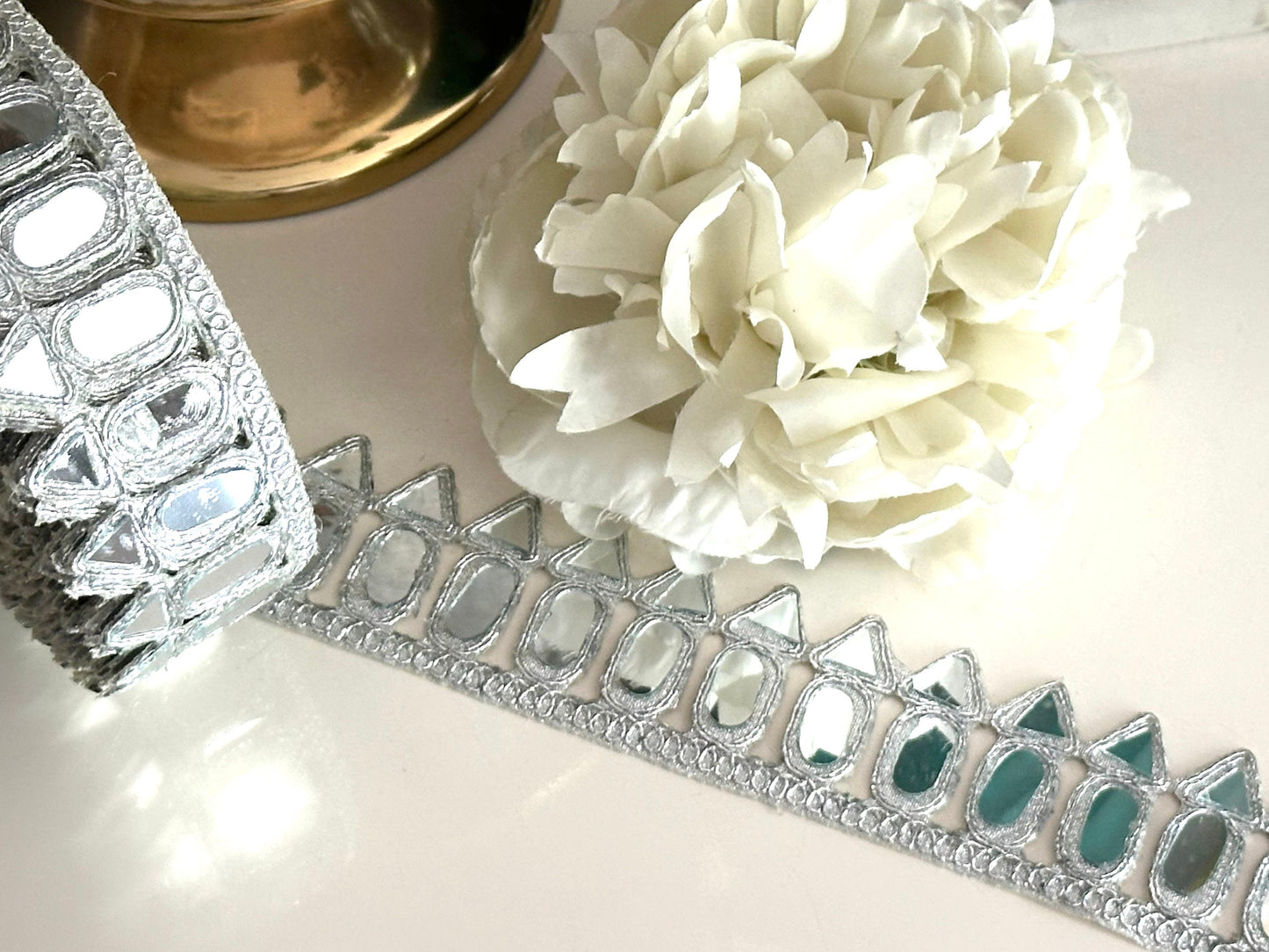 Mirror saree Trim 3.5cm Silver Border Dupatta Lace Real Mirror Embellished Trim