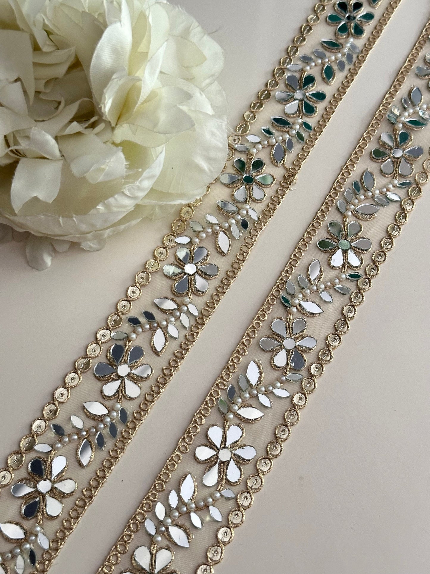 Indian Pearl Mirror Trim Embellished Tulle Fabric Sheer Mirror Trim Glamorous saree Border