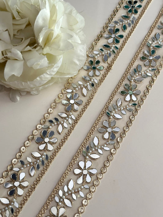 Indian Pearl Mirror Trim Embellished Tulle Fabric Sheer Mirror Trim Glamorous saree Border