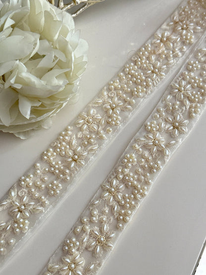 Pearl Beaded Sheer Trim Ivory White Catholic Wedding Lace for Bridal Gown