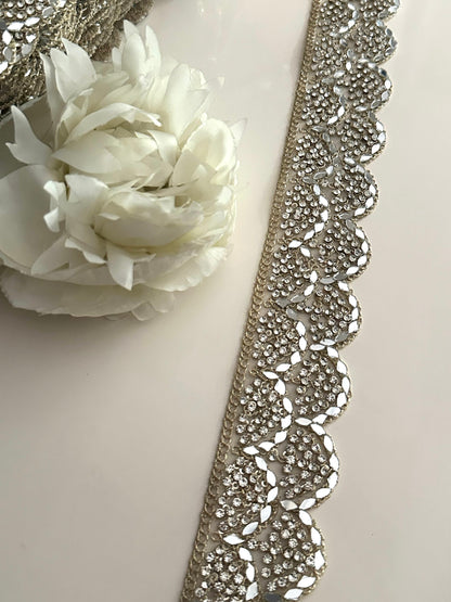 5cm Zircon and Mirror Embellished Metallic Silver saree trim Indian Dupatta Lace