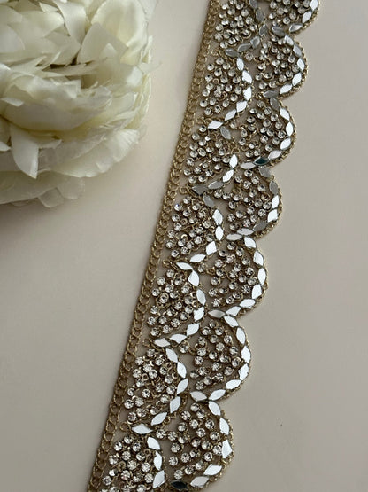 5cm Zircon and Mirror Embellished Metallic Silver saree trim Indian Dupatta Lace