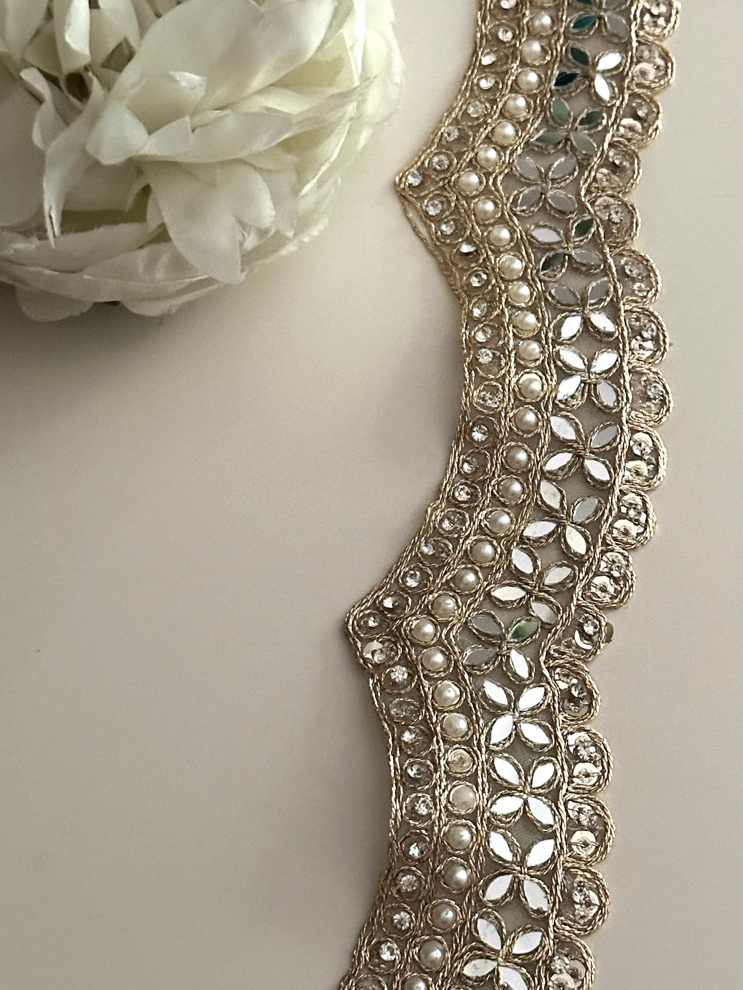 4cm Scalloped Indian Embroidered Border Pearl Bead Mirror & Zircon Trim