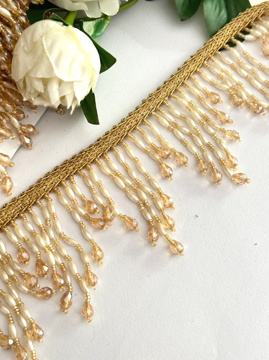 Pearl And Crystal Beaded Decorative Tassel Lace Trim Gold Beaded Latkan Trim
