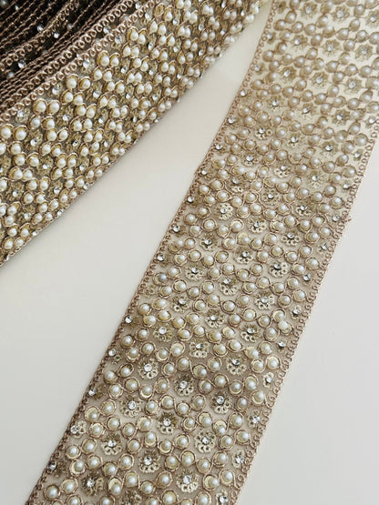 Rose Gold Pearl & Zircon Trim Studded Zari Lace Indian Saree Border Embellished Lace