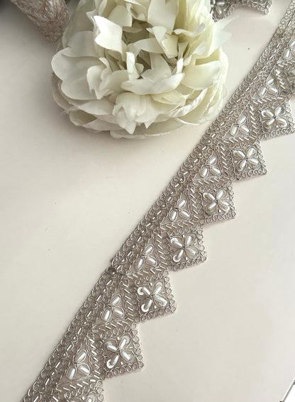 Silver Pearl Glass Bead Trim Zari Lace Indian Saree Border Embellished Lace