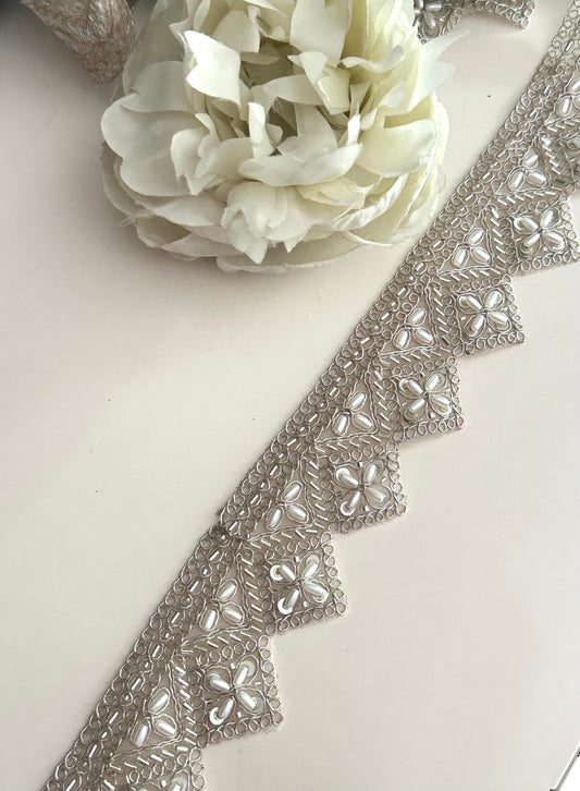 Silver Pearl Glass Bead Trim Zari Lace Indian Saree Border Embellished Lace