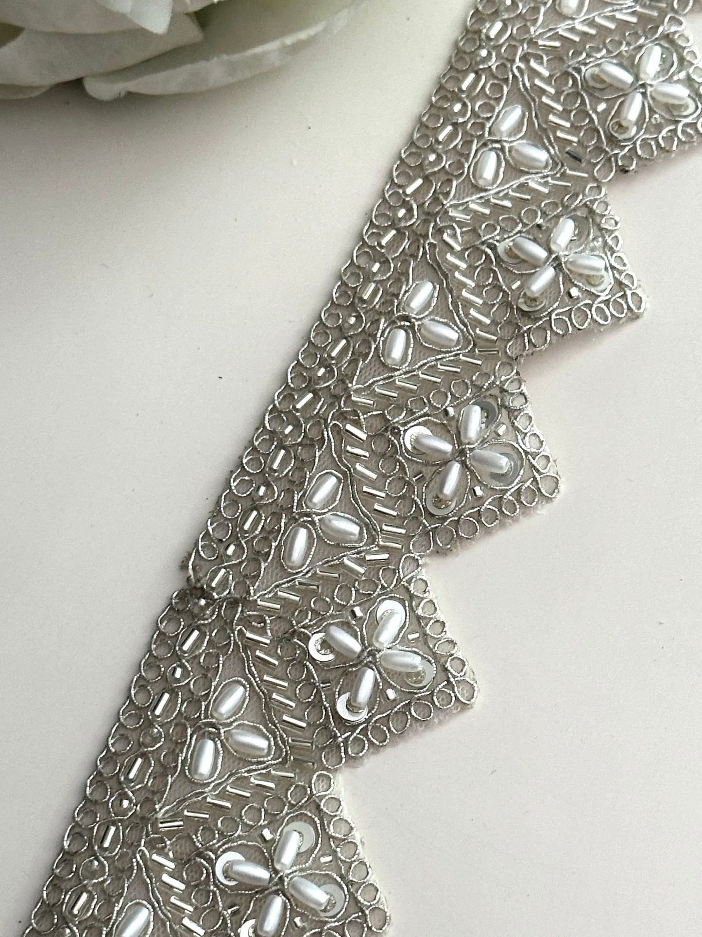 Silver Pearl Glass Bead Trim Zari Lace Indian Saree Border Embellished Lace