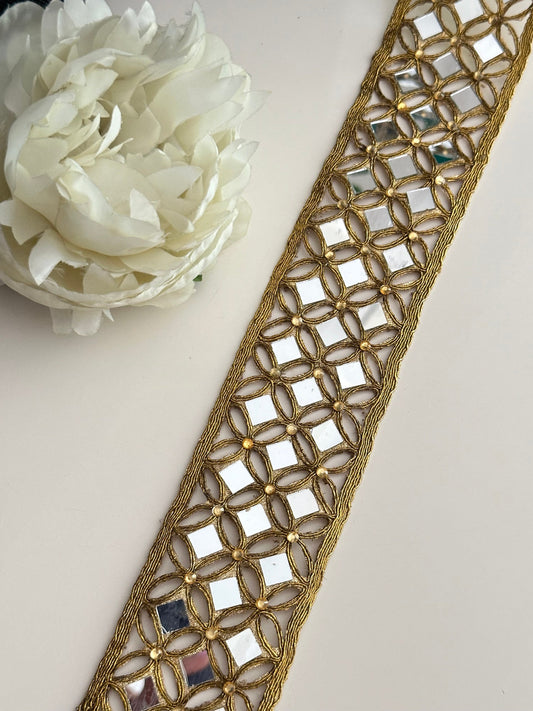 Mirror & Zircon Stonework Ribbon Dull Gold Sari Trim Cutwork Lace