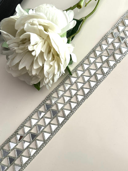 Sparkly Silver Mirror Cutwork Belt trim Embroidered Symmetric saree trim