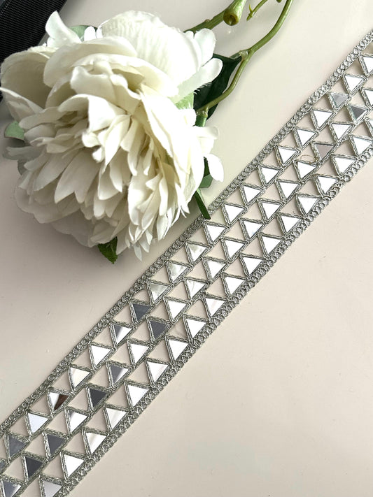 Sparkly Silver Mirror Cutwork Belt trim Embroidered Symmetric saree trim