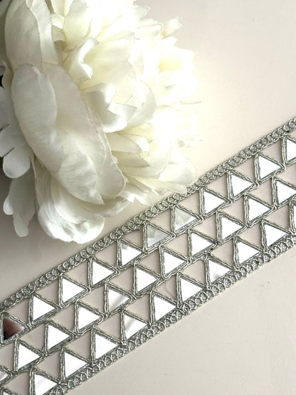 Sparkly Silver Mirror Cutwork Belt trim Embroidered Symmetric saree trim