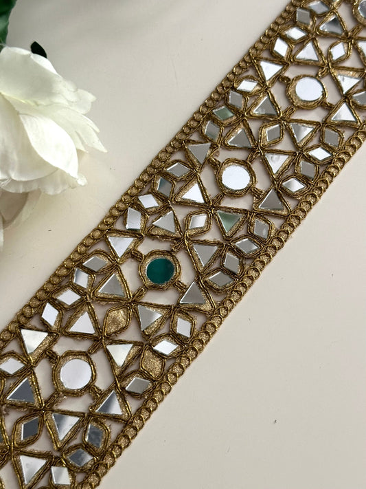 Broad Mirror Indian Embroidered Lace 6cm Antique Gold Mirror Cutwork Glamorous Sari