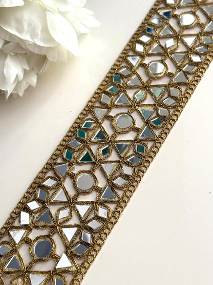 Broad Mirror Indian Embroidered Lace 6cm Antique Gold Mirror Cutwork Glamorous Sari