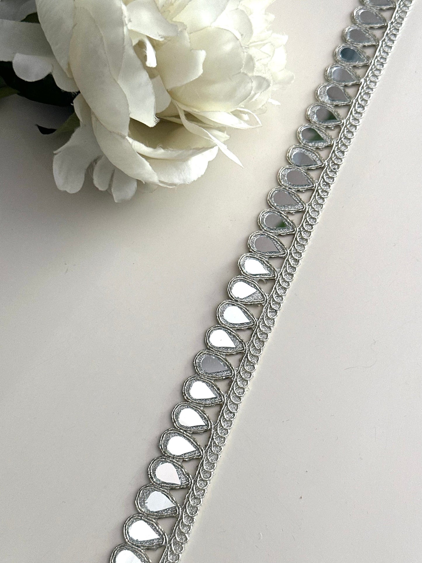 TearDrop Real Mirror Trim Lace Silver Indian Embroidered Wedding Sash Supply
