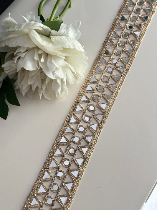 Gold Hand Crafted Broad Indian Mirror Work Border For Mirror Belts Kaftans Sari Suit