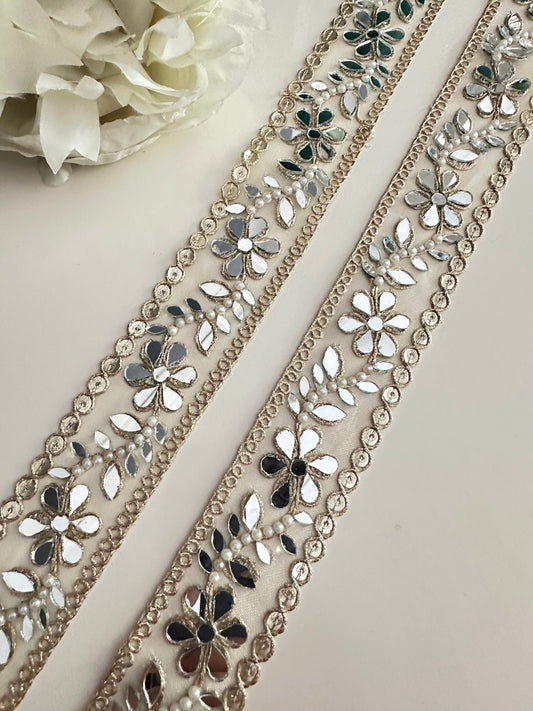 Indian Pearl Mirror Trim Embellished Tulle Fabric Sheer Mirror Trim Glamorous saree Border