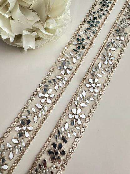 Indian Pearl Mirror Trim Embellished Tulle Fabric Sheer Mirror Trim Glamorous saree Border
