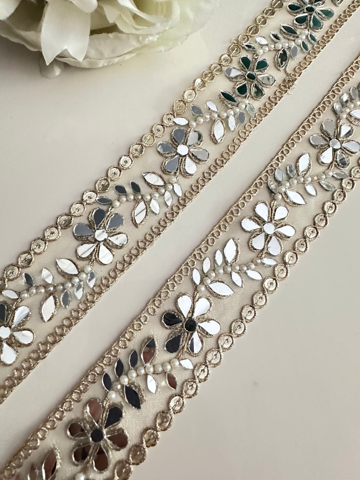 Indian Pearl Mirror Trim Embellished Tulle Fabric Sheer Mirror Trim Glamorous saree Border
