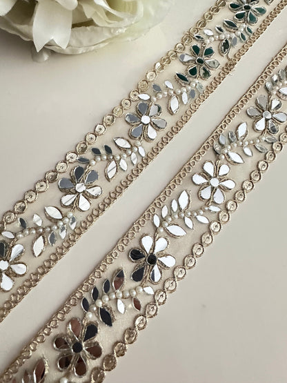 Indian Pearl Mirror Trim Embellished Tulle Fabric Sheer Mirror Trim Glamorous saree Border