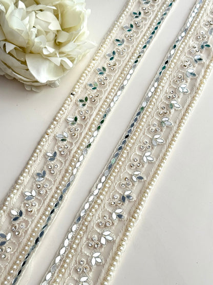Shiny Ivory Mirror Lace Trim Zircon Catholic wedding Embroidery Band Veil Trim
