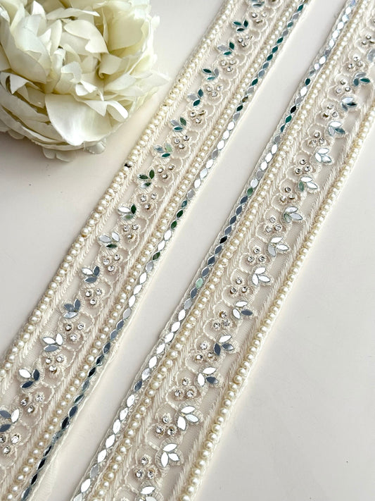 Shiny Ivory Mirror Lace Trim Zircon Catholic wedding Embroidery Band Veil Trim