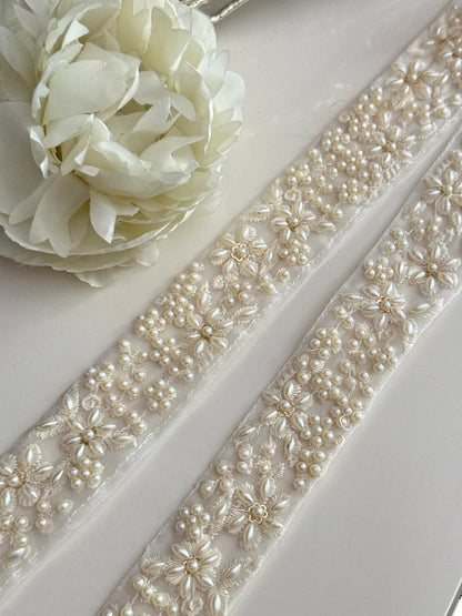 Pearl Beaded Sheer Trim Ivory White Catholic Wedding Lace for Bridal Gown