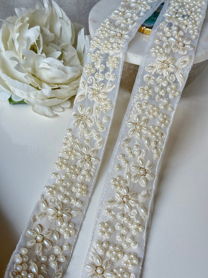 Pearl Beaded Sheer Trim Ivory White Catholic Wedding Lace for Bridal Gown
