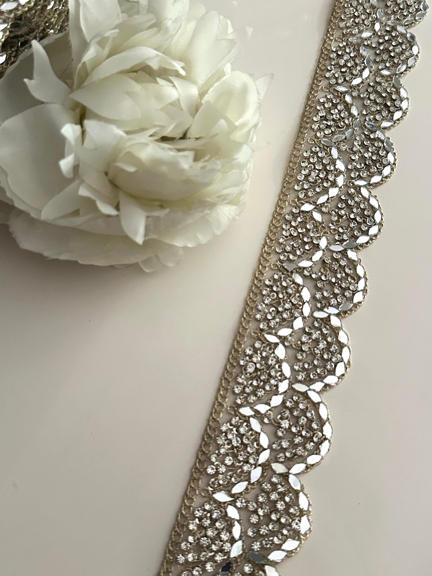 5cm Zircon and Mirror Embellished Metallic Silver saree trim Indian Dupatta Lace