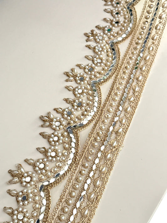 Light Gold Scalloped Mirror Sequin & Pearl Embellished Zari Border Trim