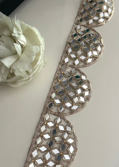 Mirror Work Border 7cm Scallop Rose Gold Hand Crafted For Mirror Belt Kaftans saree Suit Neck