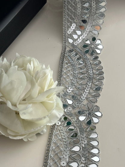 7cm Silver Scalloped Mirror Trim Cutwork Choker Band Indian Sequin Embroidered Border Waist Belt