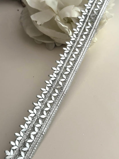 Indian Mirror Trim On Zari Base Glamourous saree Border 2.5cm Silver Indian Bollywood Mirror Band