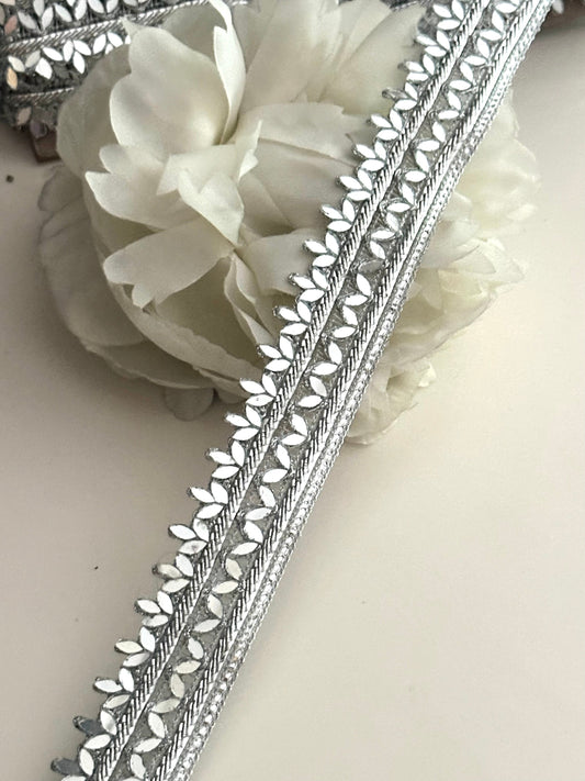 Indian Mirror Trim On Zari Base Glamourous saree Border 2.5cm Silver Indian Bollywood Mirror Band