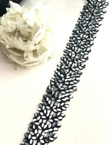 Gothic Black Real Mirror Cutwork Vine Border Saree Trim Indian Mirror Embroidery Lace