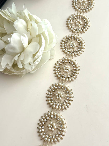 Round Gold Pearl & Zircon work trim for Choker and Waist Band 4cm Indian Embroidery Trim
