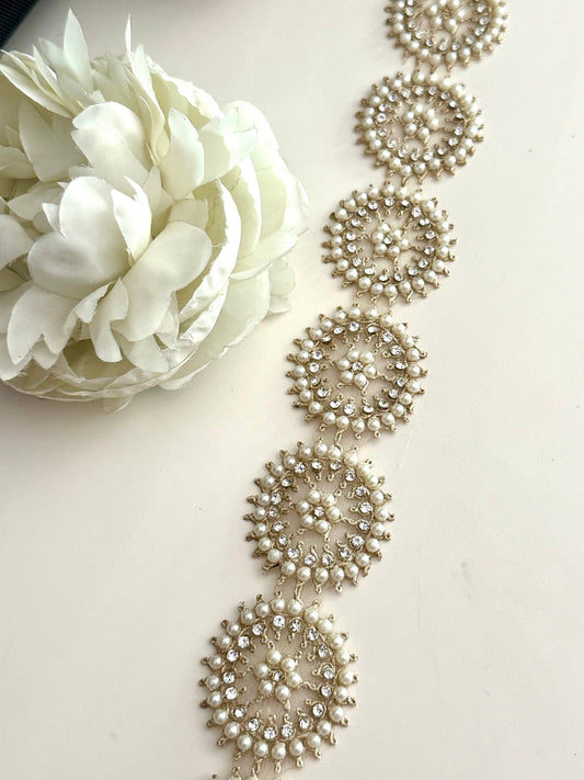 Round Gold Pearl & Zircon work trim for Choker and Waist Band 4cm Indian Embroidery Trim