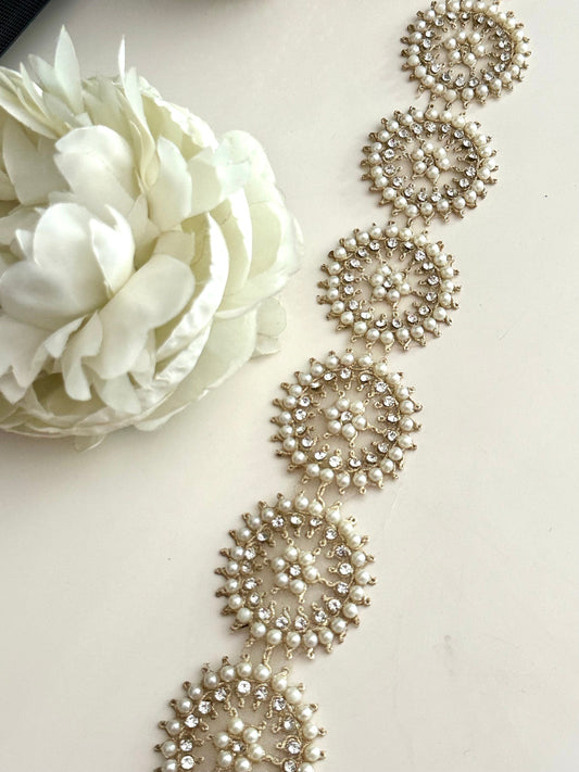 Round Gold Pearl & Zircon work trim for Choker and Waist Band 4cm Indian Embroidery Trim