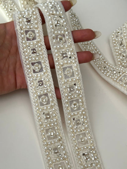 Pearl Beaded Zircon Trim Ivory White Catholic Wedding Lace for Bridal Gown